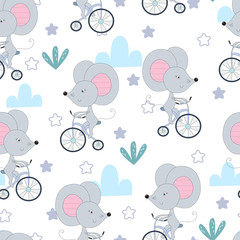 hand drawn Sample pattern with little mouse riding a bicycle
