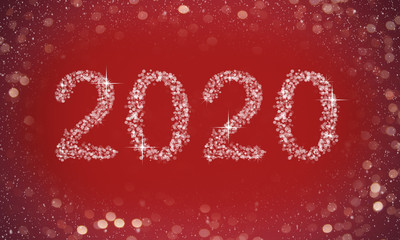 Christmas bokeh. Flares. On the eve of the New year and Christmas. Bright fire. Colored twinkling lights. Background. 2020 on a red background.