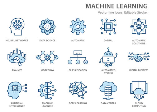 Machine learning line icons set. Vector illustration. Editable stroke.