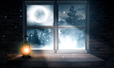 Night lamp on the window. Dark room with a wooden window. Wooden table in the night room. Moonlight, old brick walls. Outside the winter landscape. 3D illustration.