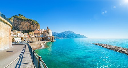 Fototapeta na wymiar Road leading along Amalfi coast to small town Atrani in province of Salerno, Campania region, Italy.