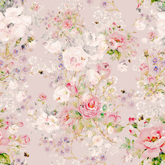 Seamless floral pattern of roses, wildflowers and bumblebees S