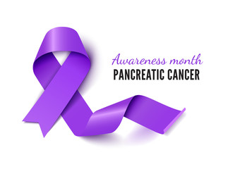 Awareness month for pancreatic cancer banner vector template. Medical disease solidarity campaign. Oncological sickness prevention poster layout. Purple ribbon realistic illustration with typography - Powered by Adobe