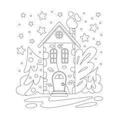 Fairytale house. Winter illustration with a house. Vector. Silhouette linear image for kids coloring