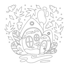 Fairytale house. Autumn illustration with a house. Vector. Silhouette linear image for kids coloring.