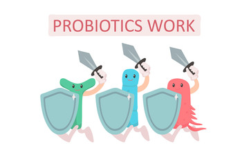 Group of probiotics with shields and swords. Digestion protection concept. Cute characters on a white background. Microscopic bacteria. Vector illustration in freehand drawn style