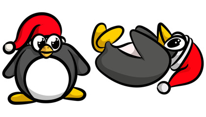 Two funny fat penguins in Christmas hats in vector cartoon style