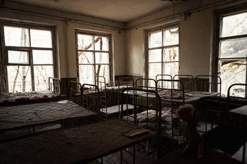 Interior of abandoned buildings in the empty ghost town of Pripyat near the Chernobyl nuclear reactor during autumn (Kiew, Ukraine, Europe)