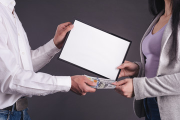 Man and woman making deal template. scholarship and diploma delivery. Woman winner prize mockup