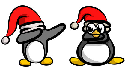 Two funny stylish and youth penguins in Christmas hats in vector cartoon style