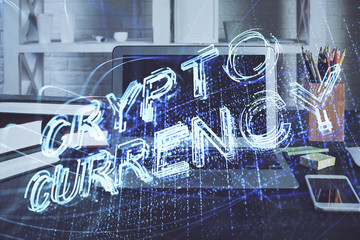 Multi exposure of blockchain theme hologram and table with computer background. Concept of bitcoin...