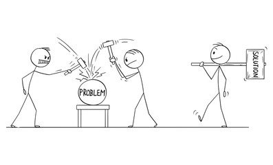 Vector cartoon stick figure drawing conceptual illustration of two men or businessmen beating problem with hammers, third man is going with bigger hammer. Concept of cracking or solving problem.