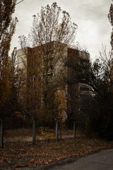 Abandoned buildings in the empty ghost town of Pripyat near the Chernobyl nuclear reactor during...