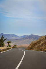 Carretera linea blanca con montañas y vegetación