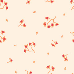 Seamless vector pattern with hand-drawn bittersweet branches and leaves on a cream background. Fresh botanical illustration for stationery, packaging, fabric, home goods.