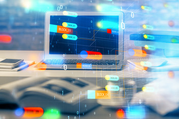 Technology theme drawing and table with computer. Multi exposure. Concept of information.