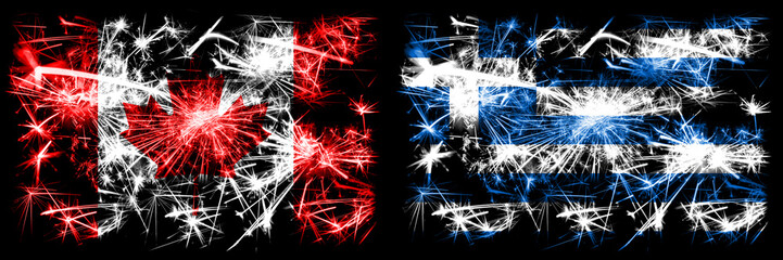 Canada, Canadian vs Greece, Greek New Year celebration sparkling fireworks flags concept...