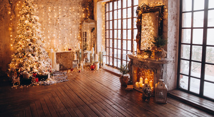warm cozy evening luxury Christmas room interior design, Xmas tree decorated by gold lights...