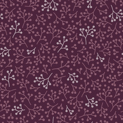 Seamless vector pattern with small hand-drawn elderberry sprigs in shades of purple. Fresh botanical illustration for stationery, packaging, fabric, home goods.