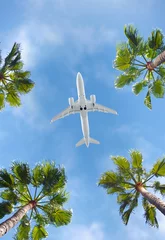 Fotobehang Passenger airplane flying above the tropical palm trees. Bottom view of the aircraft. © Mateusz
