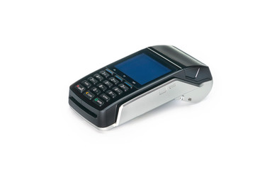 Payment terminal, compact POS terminal on white background