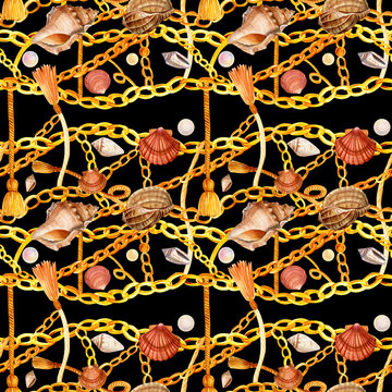 seamless pattern on a black background, watercolor drawing, gold chains, pearls, seashells, beautiful decorations