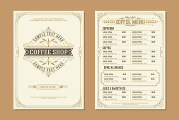 Coffee shop logo with Coffee menu design brochure template. vintage typographic decoration elements. Vector layered
