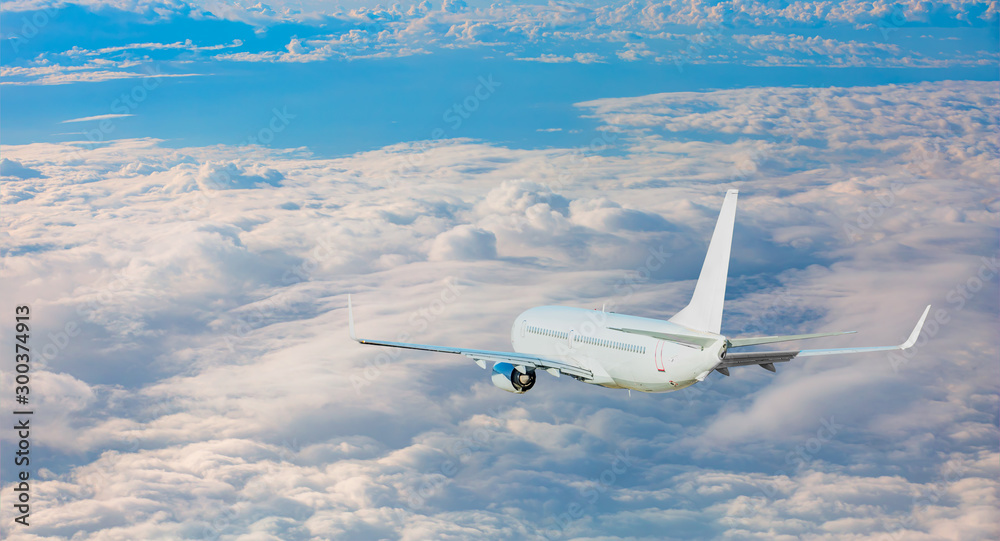 Wall mural White passenger airplane in the clouds - Travel by air transport