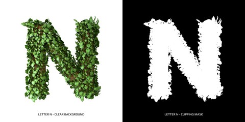 Letter N uppercase with tree shape with leaves. 3D Illustration.