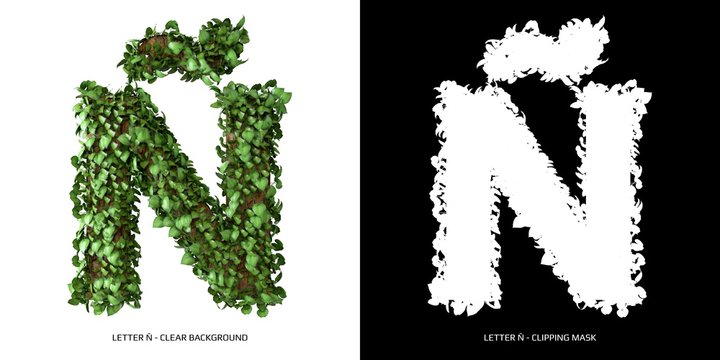 Letter Ñ uppercase with tree shape with leaves. 3D Illustration.