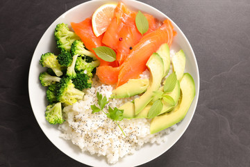 buddha bowl with rice, avocado, salmon and broccoli