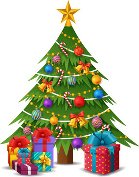 recommend clip art: Christmas tree with decorations and gift boxes. Vector illustration