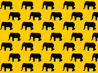  Seamless pattern of silhouettes of a black elephant on a yellow background.