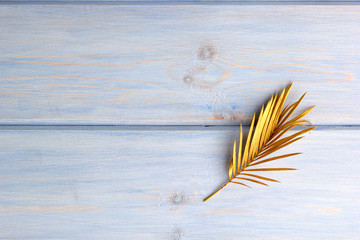 Golden palm leaf on light blue wooden background. Creative minimal modern concept of organic beauty trend.