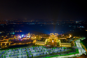 Aerial view of Legend Siam with symphony light show at night, Pattaya Thailand. Select focus.