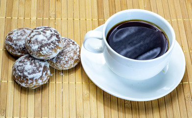 cup of coffee with cookies. Coffee is a hot drink. Concept for cafe, restaurant. Breakfast view.