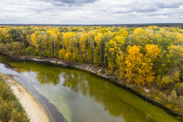Aerial view of the Beautiful River Landscape at autumn. Cloudy day.