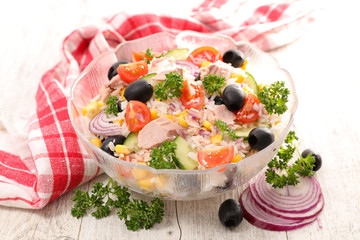 rice salad with tuna, olive, cucumbert and tomato