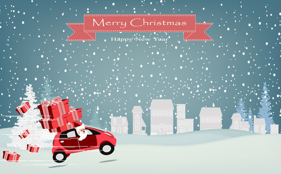 PrintUncle Santa is driving a sedan to give a gift in a snowy village. And the car runs at speed, so it causes many gifts to drop from the car, the concept of Christmas and New Year, paper cut -