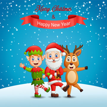 Merry Christmas and Happy New Year winter landscape background with santa claus,deer and elf. Vector illustration