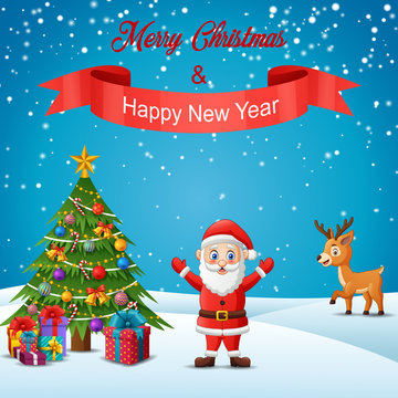 Merry Christmas and Happy New Year winter landscape background with santa claus,deer ,christmas tree and giftbox. Vector illustration