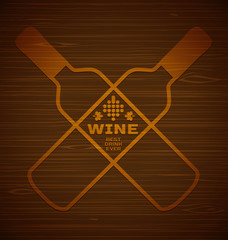  Vector template with wine bottles with grape bunch and leaves on a wooden background. Best drink ever. - 300378160