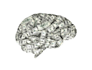 Money on the mind. Us dollars cash texture on human brain. 3D render
