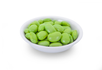 Green soy beans on white background