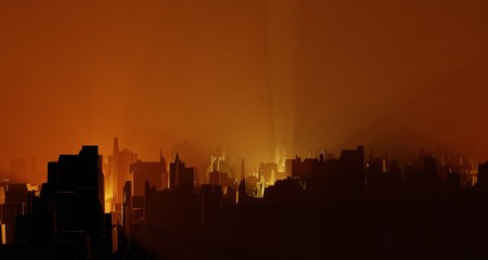 Surreal landscape city light orange neon glow. Street quarter fire burns empty street. Sci-fi alien architecture concept. 3D rendering