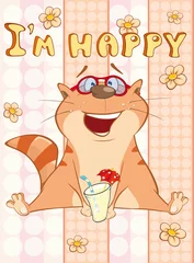 Deurstickers Gelukkige verjaardagskaart Cute Cartoon karakter kat. Vector wenskaart. Gelukkig moment. gefeliciteerd © liusa
