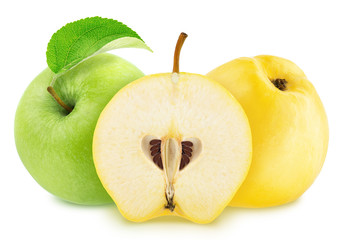 Composite image with apple and quinces isolated on a white background.