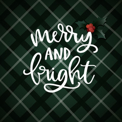 Merry and bright hand lettering. Christmas greeting card, invitation with holly leaves, berries and white text over tartan, green checkered plaid. Winter vector calligraphy illustration background.