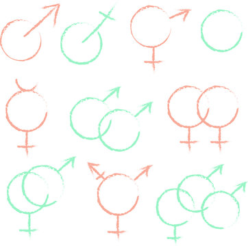 Vector icons of gender symbols and combinations. Female, male, transgender symbols - vector illustration. Simple vector gender symbols for design, t-shirts, notebooks, stickers, clothes, gift paper