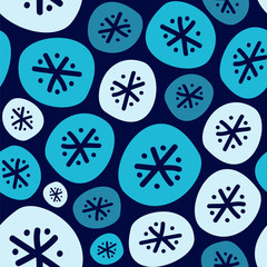 Stylized snowballs and snowflakes. Seamless vector pattern on dark background.